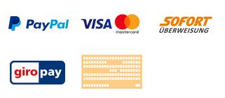 Zahlungsarten PayPal, Visa, Sofort, giroPay, Überweisung